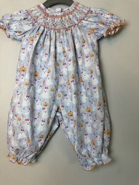 Petit Bebe 0-3 Months Hand Smocked Bubble Romper Halloween Pumpkin Ghost EUC